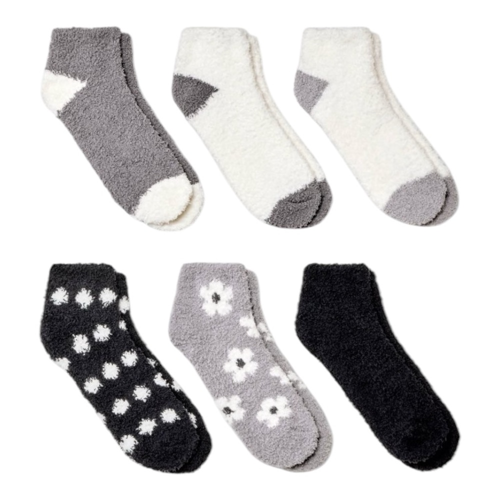 Daisy Cozy Low Cut Fuzzy Socks 6 Pack Set in Black, Gray and White